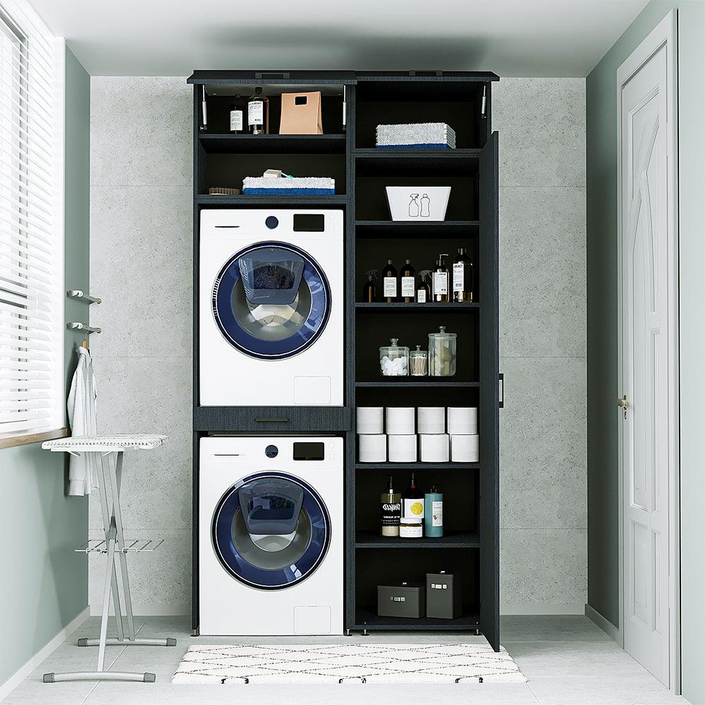 Meuble pour machine à laver et sèche-linge en hauteur avec rangement noir  64x25,5x190 cm - Meuble Lave Linge Sèche Linge